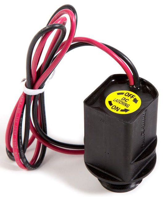 A black potted latching solenoid for irrigation controllers with a red wire and a yellow label that reads 'OFF'.