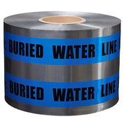 Roll of blue and silver tape with 'Buried Water Line' text on a white background
