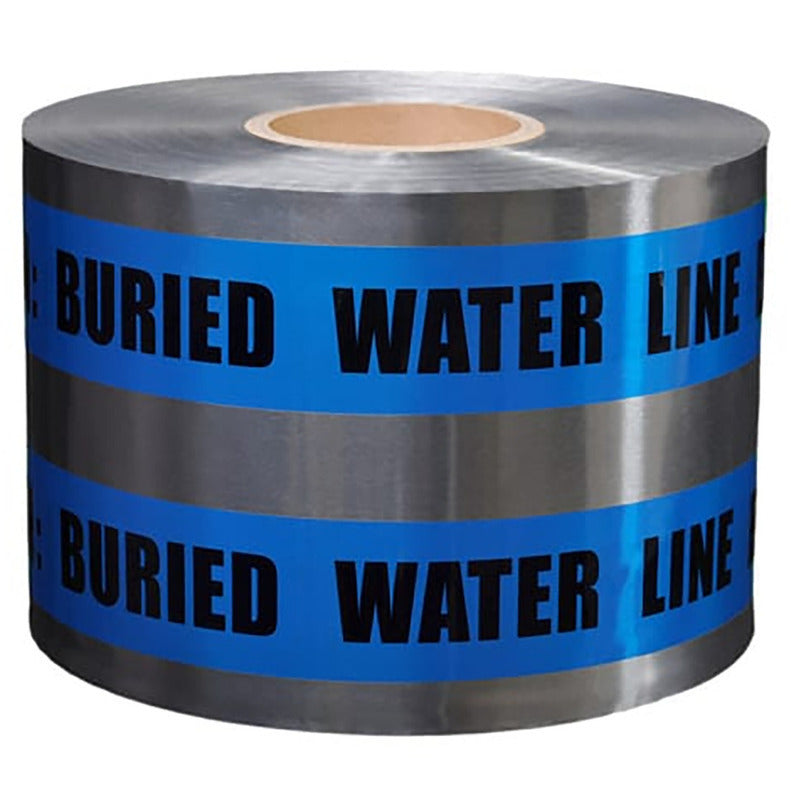 Roll of blue and silver tape with 'Buried Water Line' text on a white background