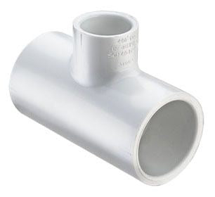 A white PVC reducing tee fitting with socket connections on all ends.
