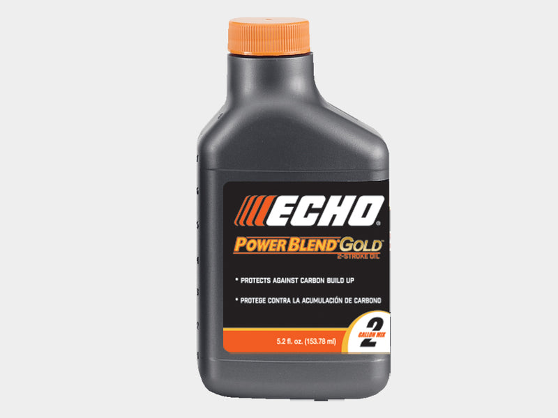 A container of Echo Power Blend Gold engine oil, which is a semi-synthetic oil for 2-stroke/2-cycle outdoor power equipment engines with a 5.2 fluid ounce size.