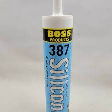 A tube of BOSS 387 Universal Silicone sealant with blue and white labeling.