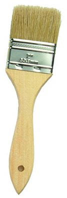 A 2 inch wide paint brush with a white bristle and a wooden handle.