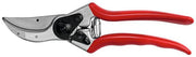 A pair of red-handled Felco pruning shears with a silver-colored cutting head.