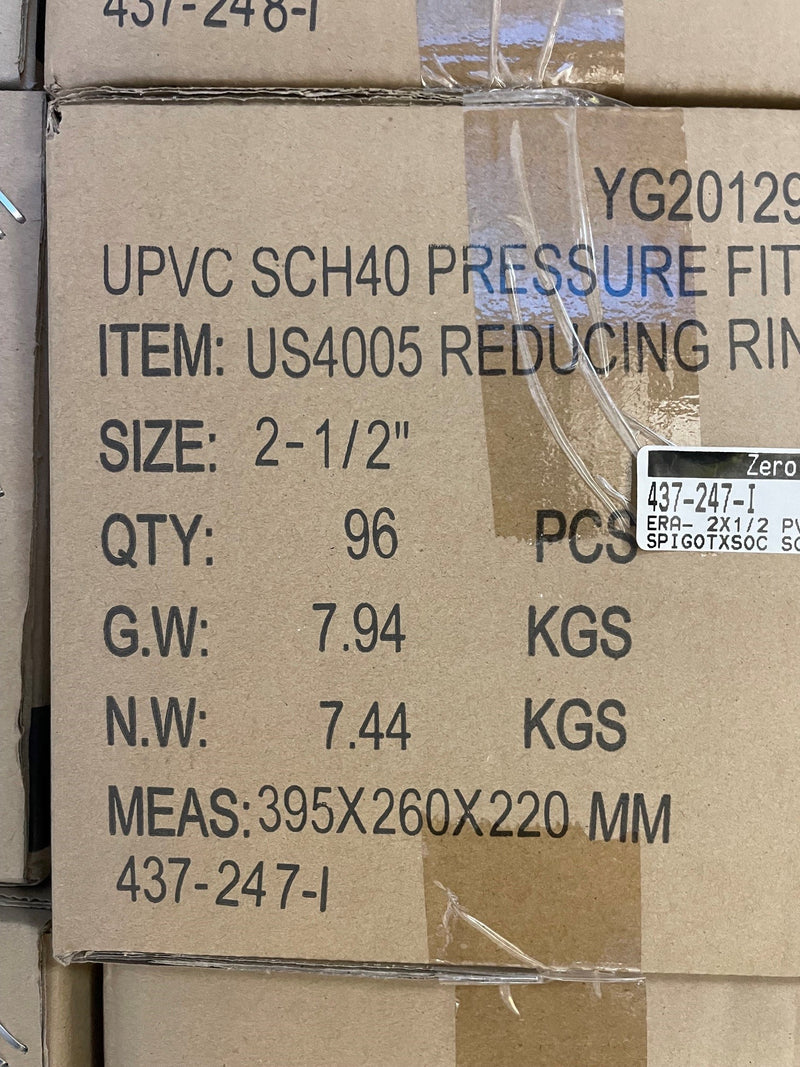 A close-up of a brown cardboard shipping box printed with product details for a US4005 reducing ring, including size 2-1/2 inches, quantity 96 PCS, weight 7.94 KGS gross and 7.