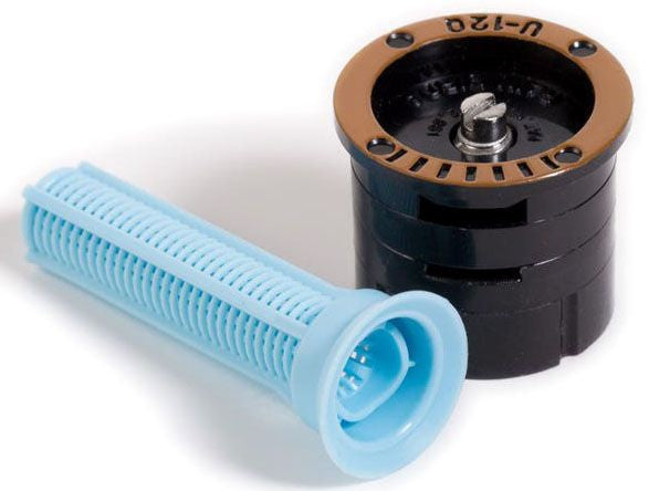 Rain Bird sprinkler spray nozzle with a black body and a light blue filter or screen, designed for a 12-foot quarter circle spray pattern.