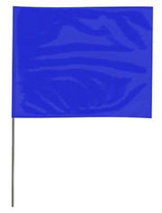 A 2 inch by 3 inch fluorescent blue wire staff marking flag with a 15 inch wire staff, made of flexible PVC film.