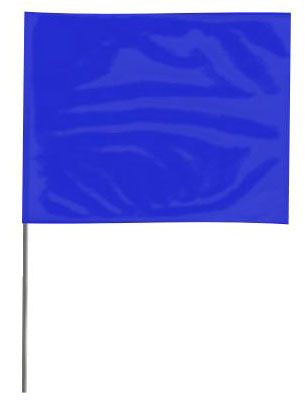A 2 inch by 3 inch fluorescent blue wire staff marking flag with a 15 inch wire staff, made of flexible PVC film.