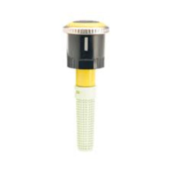 A yellow Hunter brand sprinkler rotator nozzle with adjustment settings visible.