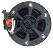 Black mechanical component with visible branding on a white background