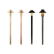 Four outdoor pathway lights with different colored bases on a white background