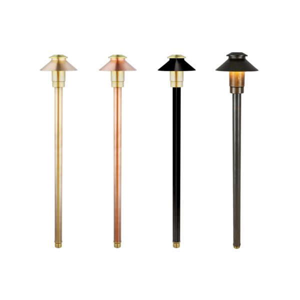 Four outdoor pathway lights with different colored bases on a white background