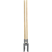A post hole digger with a wooden handle and a steel head, showing a square-to-round connection and a pivot point between the blades.