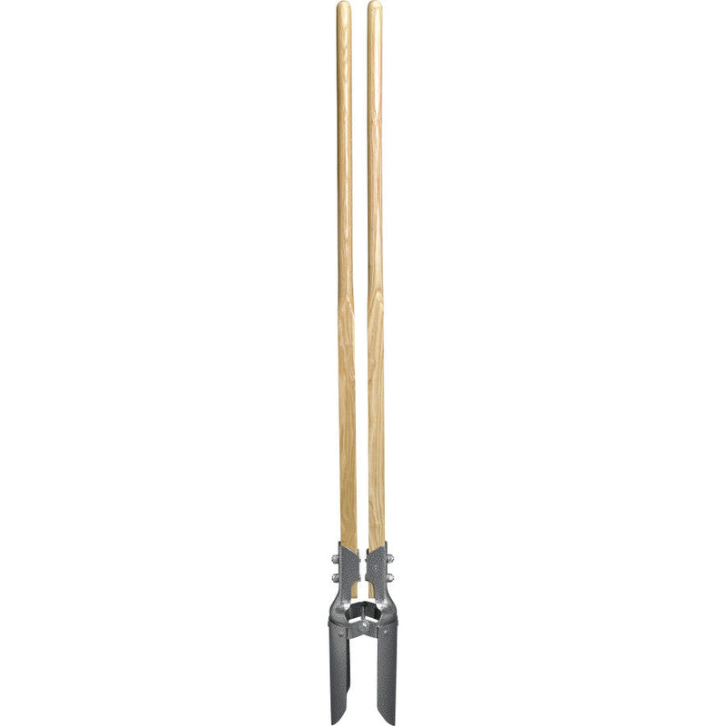 A post hole digger with a wooden handle and a steel head, showing a square-to-round connection and a pivot point between the blades.
