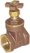 A brass gate valve with a threaded connection and a cross handle made of cast iron.