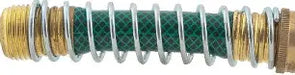 Coiled green garden hose with brass connectors on a white background