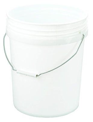 A 5-gallon white bucket made of high-density polyethylene with a metal handle.