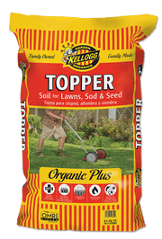 A bag of KELLOGG Organic Topper Soil for lawns, sod, and seeds, showing a yellow and red design with an image of a person spreading soil on a lawn.