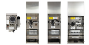 Four vintage payphones side by side on a white background