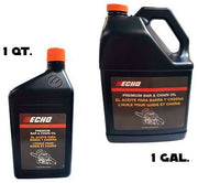Two bottles of Echo 1 QT Premium Bar & Chain Oil, one in amber color and the other in tan color, with labels in French and English, indicating the oil is for chainsaws and pruners.
