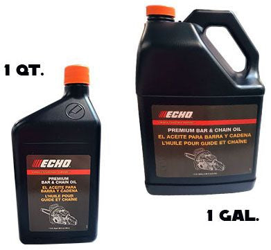 Two bottles of Echo 1 QT Premium Bar & Chain Oil, one in amber color and the other in tan color, with labels in French and English, indicating the oil is for chainsaws and pruners.