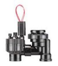 A black plastic anti-siphon electric valve with a red wire, designed for irrigation systems.