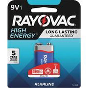 A packaged Rayovac 9V1 alkaline battery with a blue and black color scheme, labeled for high energy and long lasting guaranteed performance.