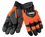 A pair of Shindaiwa chain saw gloves in orange and black, size XL.