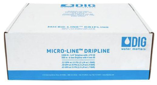 DIG Series 1/4" Non PC Dripline, 9 (23) Spacing, .52 GPH .170" ID x .250" OD, 100' Black