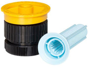 An image showing a Rain Bird sprinkler spray nozzle with a black body, yellow top, and blue filter screen.
