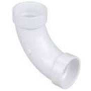 A white 4-inch PVC long sweep 90-degree elbow fitting.