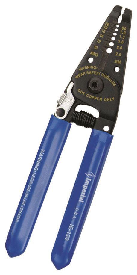 A blue and black heavy duty wire stripper with a cushion grip handle.