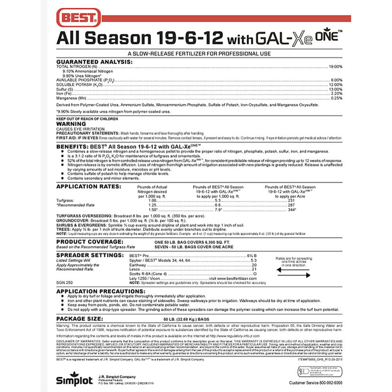 Fertilizer label for 'All Season 19-6-12 with GAL-XE One' by BEST on a white background.