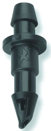 A black 1/4 inch barb connector for irrigation systems.