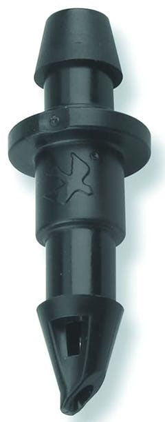 A black 1/4 inch barb connector for irrigation systems.