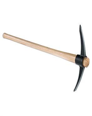 A Corona Tools forged railroad pick with a black tempered steel head and a brown wooden handle.