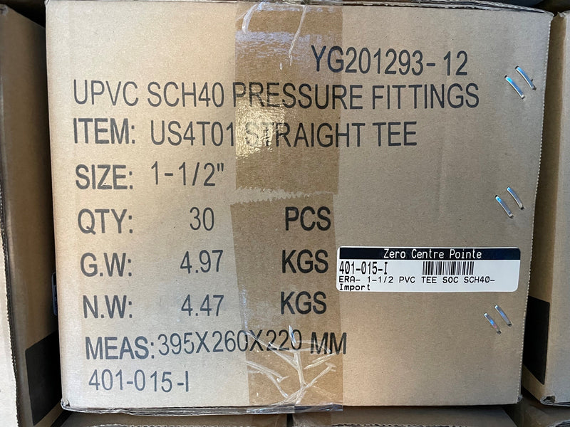 A brown cardboard shipping box printed with product information for UPVC SCH40 pressure fittings, specifically a straight tee, item number US4T01. The box shows size, quantity, gross weight, net weight, and measurements, with a barcode label for Geo Centre Pointe.