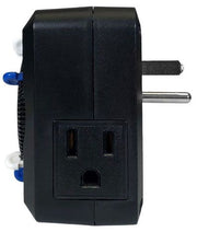 Black travel adapter on a white background