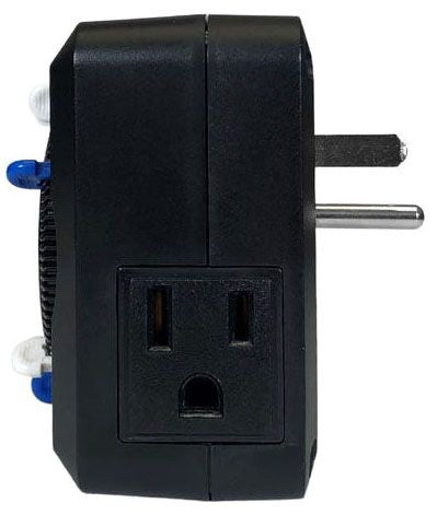 Black travel adapter on a white background