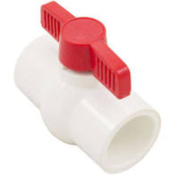 A white PVC compact ball valve with a red T-handle.