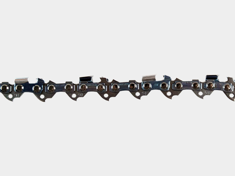 Close-up of a chainsaw chain on a white background