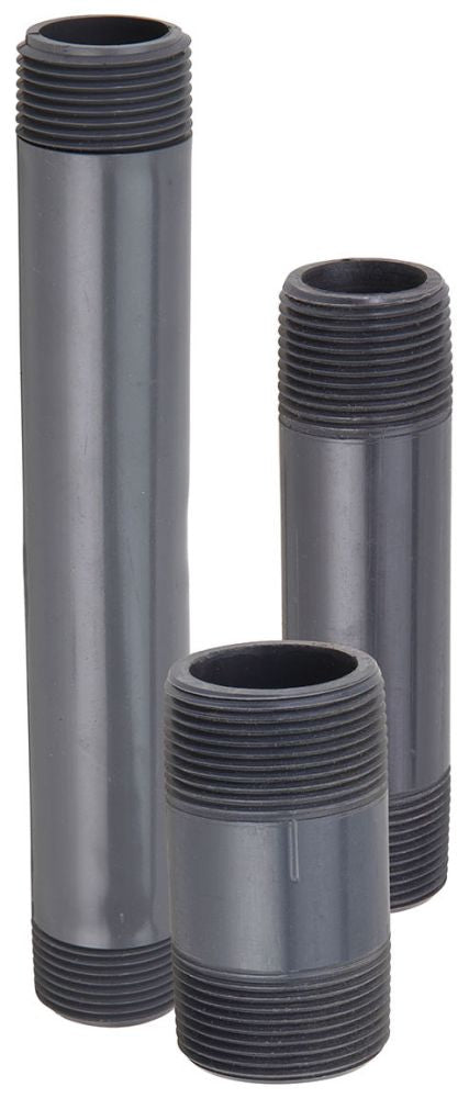 Three gray PVC pipe nipples with male threaded end connections, standing upright against a white background.