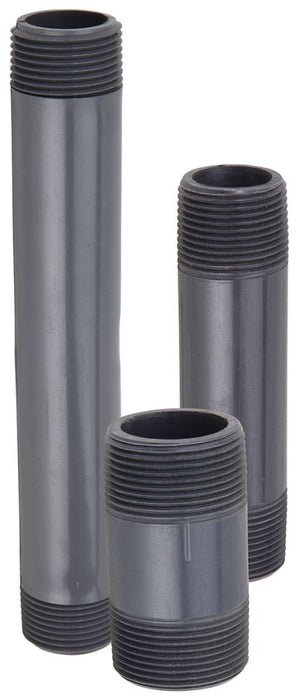 Three gray PVC pipe nipples with male threaded end connections, standing upright against a white background.