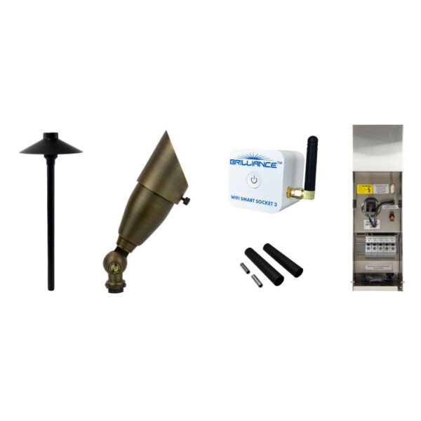 Collection of outdoor lighting and control equipment on a white background