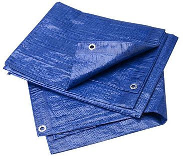 A folded blue general utility tarp made of reinforced PVC with metal grommet.