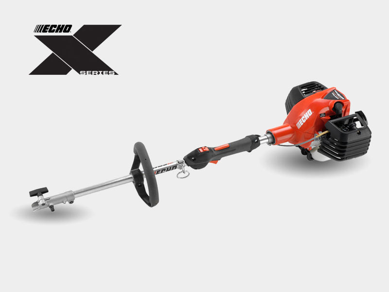 A red and black Echo Pro Attachment Power Source with a gasoline engine, featuring various multifunction outdoor power equipment attachments.