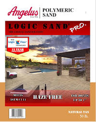Packaging of Angelus Polymeric Sand Logic Sand with a scenic background.