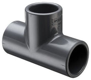 A gray PVC tee fitting with socket end connections.
