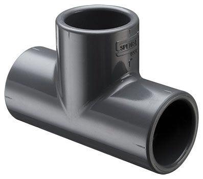A gray PVC tee fitting with socket end connections.