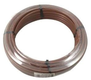 A coil of brown Dura Flo drip tubing for irrigation systems.